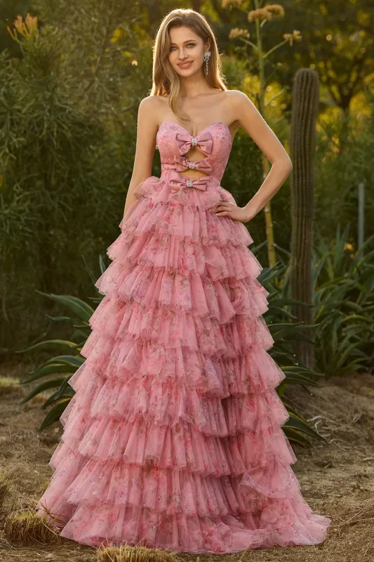 Pink Flower A-Line Cut Out Strapless Tiered Ruffle Long Prom Dress with Bows sold by Zapaka