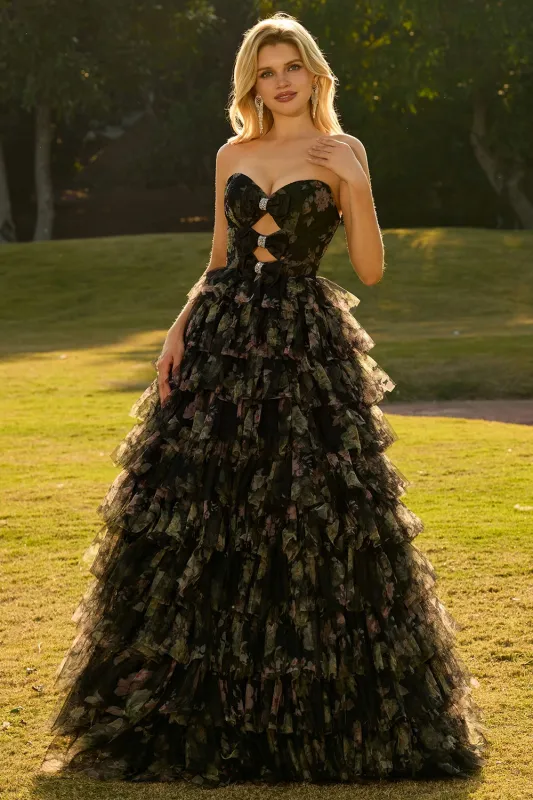 Black Strapless A-Line Tiered Ruffle Cut Out Long Prom Dress with Bows made by Zapaka