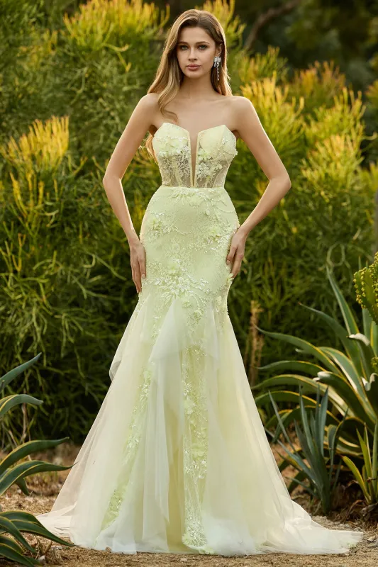 Mermaid Yellow Strapless Corset Lace Long Prom Dress with 3D Flowers sold by Zapaka