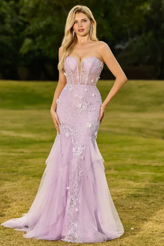 Purple Mermaid Strapless Lace Corset Long Prom Dress with 3D Flowers sold by Zapaka