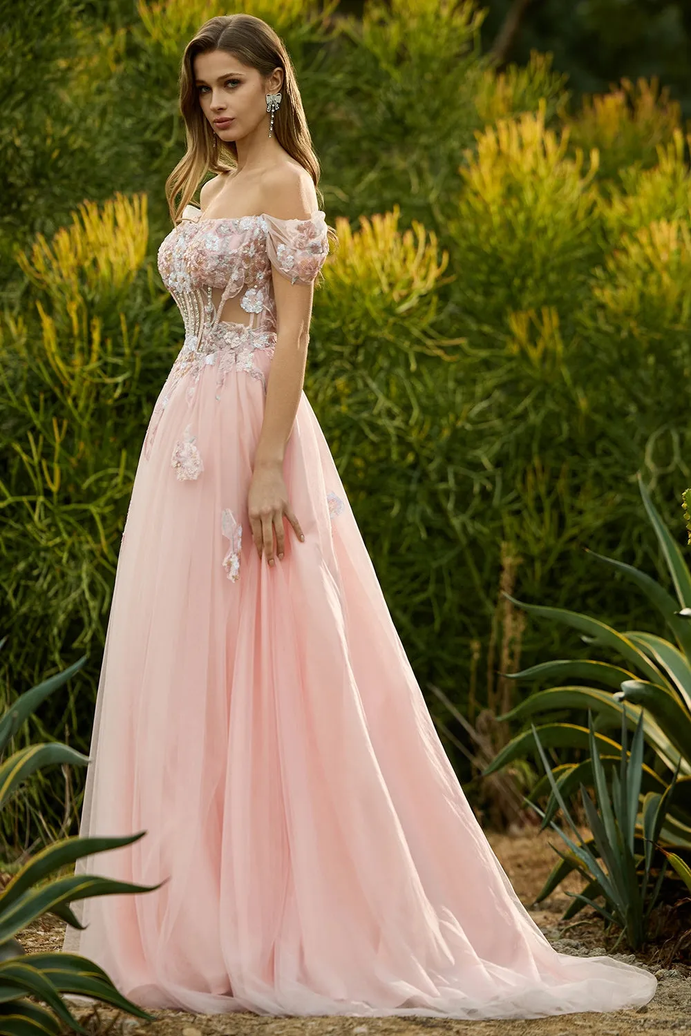 Pink A Line Beaded Off the Shoulder Sheer Corset Long Prom Dress with Sequins sold by Zapaka product image thumbnail 5