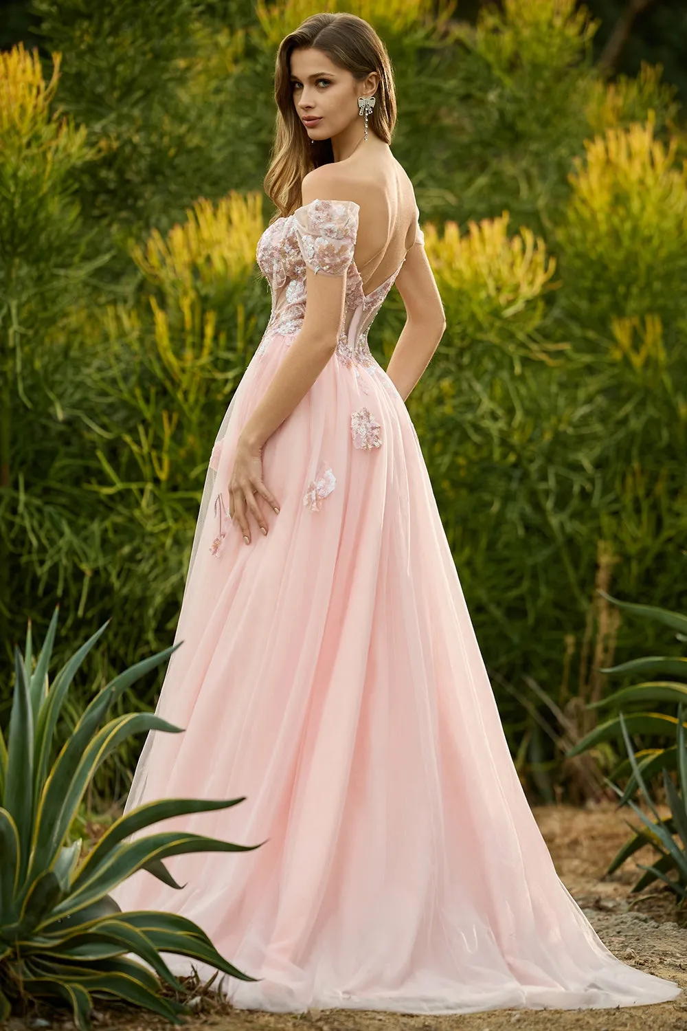 Pink A Line Beaded Off the Shoulder Sheer Corset Long Prom Dress with Sequins sold by Zapaka product image thumbnail 2