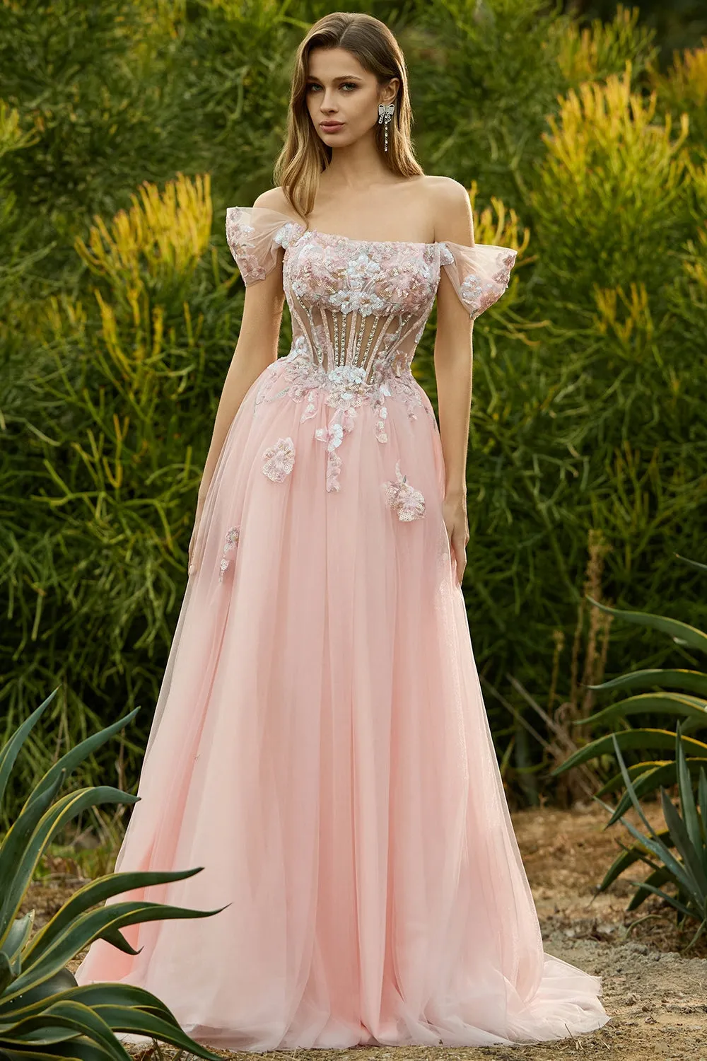 Pink A Line Beaded Off the Shoulder Sheer Corset Long Prom Dress with Sequins sold by Zapaka product image thumbnail 3