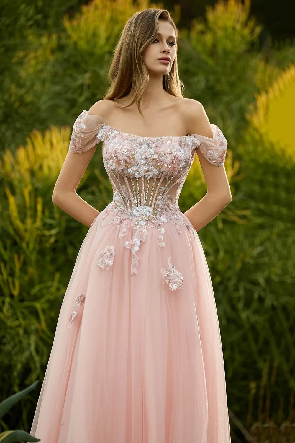 Pink A Line Beaded Off the Shoulder Sheer Corset Long Prom Dress with Sequins sold by Zapaka product image thumbnail 4