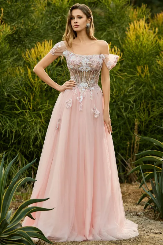 Pink A Line Beaded Off the Shoulder Sheer Corset Long Prom Dress with Sequins sold by Zapaka