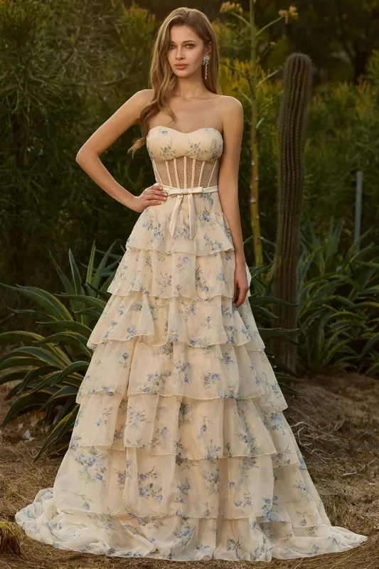Strapless A Line Yellow Floral Beaded Corset Long Prom Dress with Ruffles sold by Zapaka