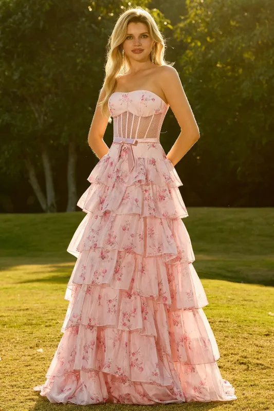 Pink Strapless Floral A Line Corset Beaded Tiered Long Prom Dress with Ruffles sold by Zapaka