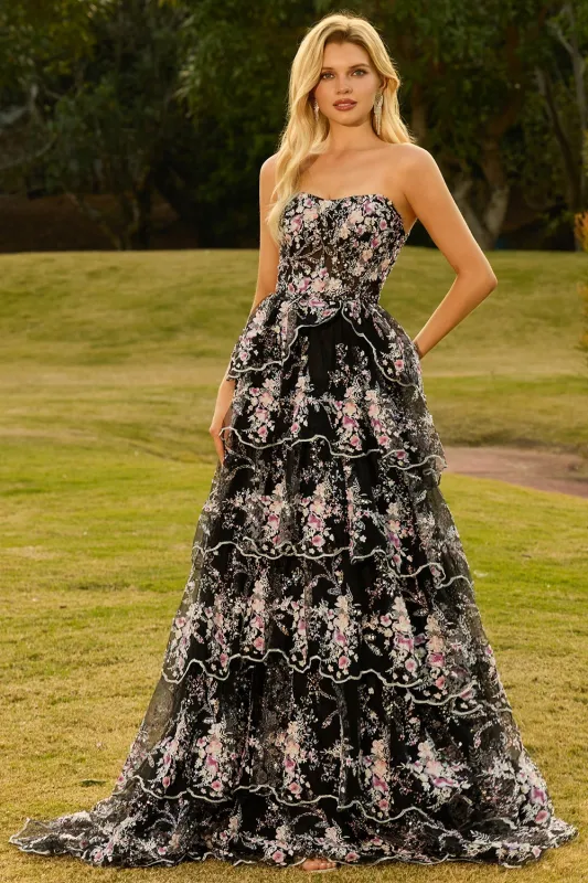 Black Pink Flower Strapless Tiered A-Line Sequin Long Prom Dress with Lace Up Back sold by Zapaka