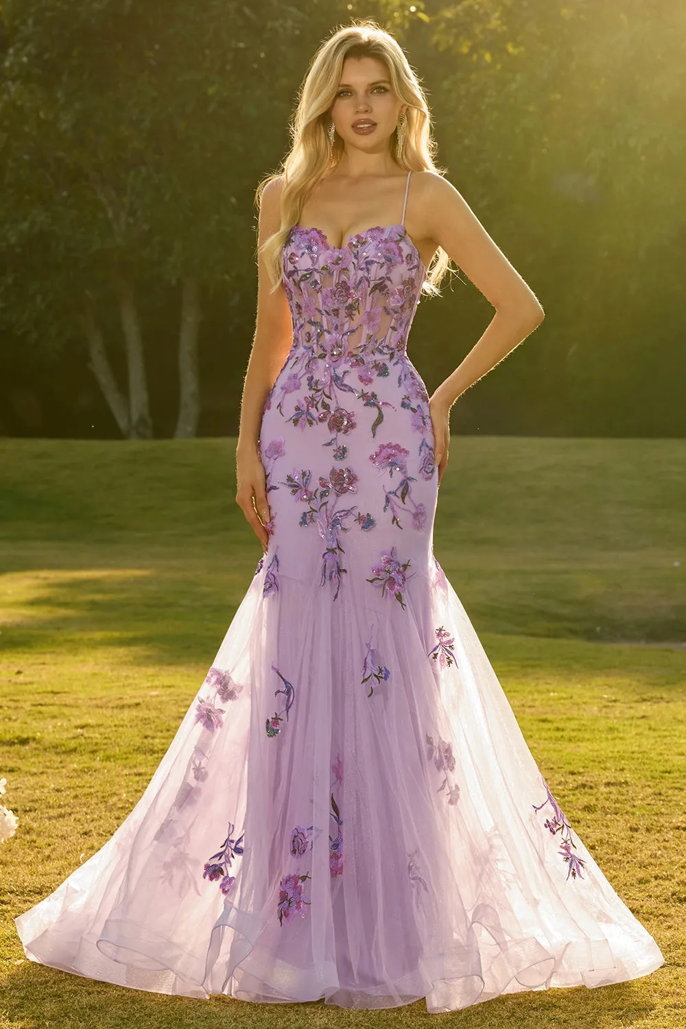 Purple Mermaid Sheer Corset Beaded Sequin Long Prom Dress with Lace Up Back sold by Zapaka product image thumbnail 3