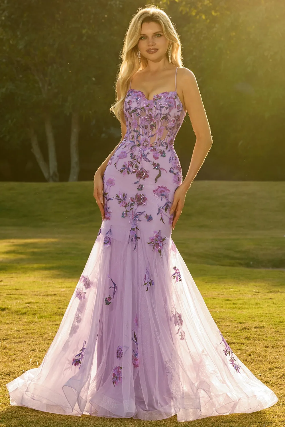 Purple Mermaid Sheer Corset Beaded Sequin Long Prom Dress with Lace Up Back sold by Zapaka