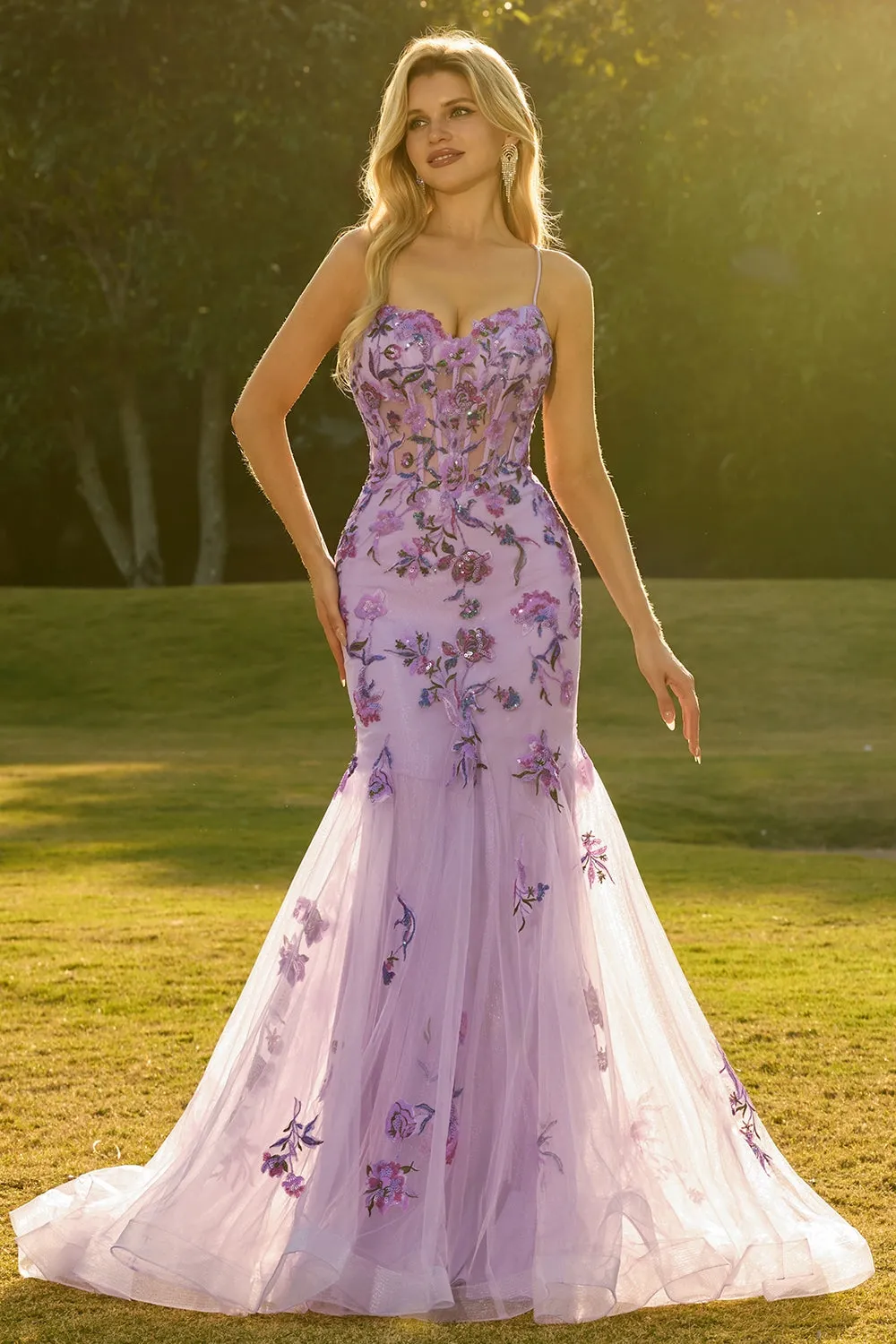 Purple Mermaid Sheer Corset Beaded Sequin Long Prom Dress with Lace Up Back sold by Zapaka product image thumbnail 4