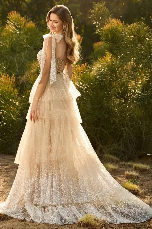 Champagne Corset A Line Ruffled Beaded Long Prom Dress with Lace Up Back sold by Zapaka