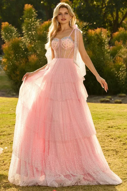 Pink A Line Ruffled Corset Beaded Long Prom Dress with Lace Up Back sold by Zapaka