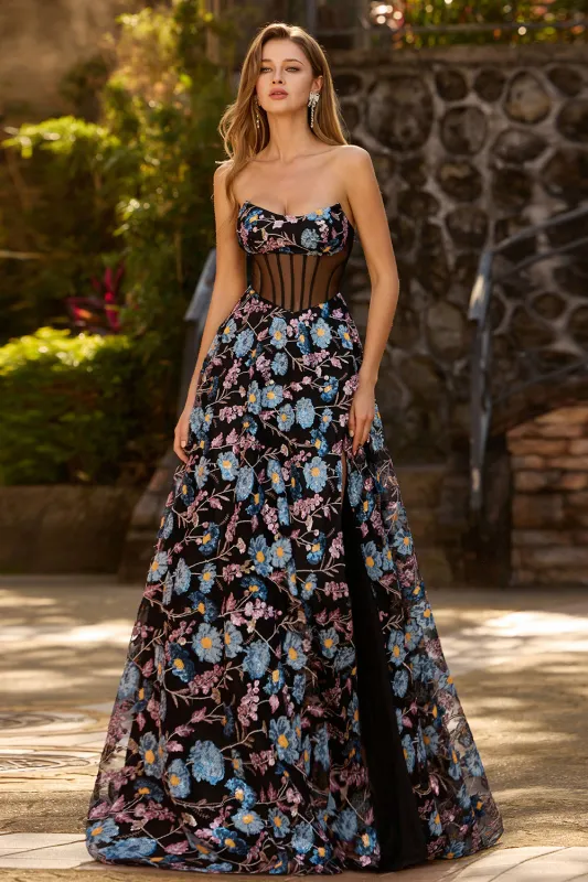 Black Strapless Floral A Line Sheer Corset Long Prom Dress with Slit sold by Zapaka