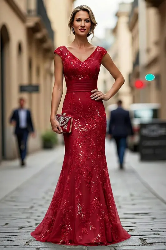 Dark Red Mermaid V-Neck Embroidered Mother Of The Bride Dress with Sequins sold by Zapaka