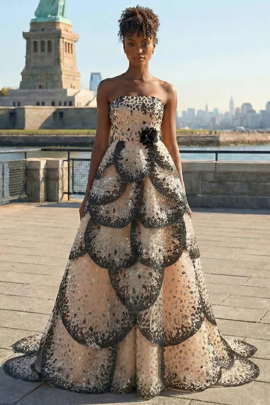 Strapless Black Apricot A Line Sequin Tiered Princess Long Prom Dress made by Zapaka