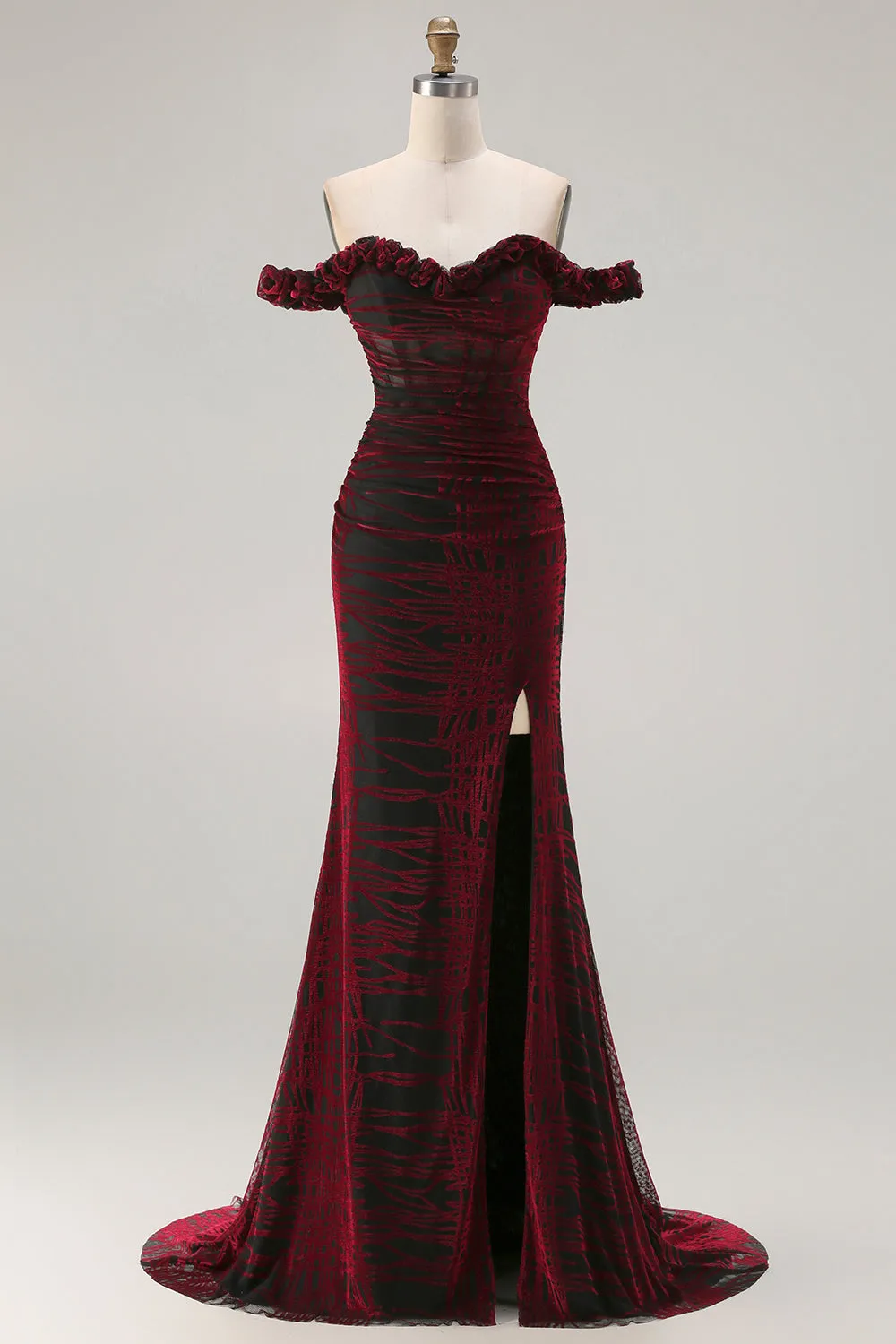 Off The Shoulder Black Red Corset Mermaid Long Prom Dress with Slit sold by Zapaka product image thumbnail 5