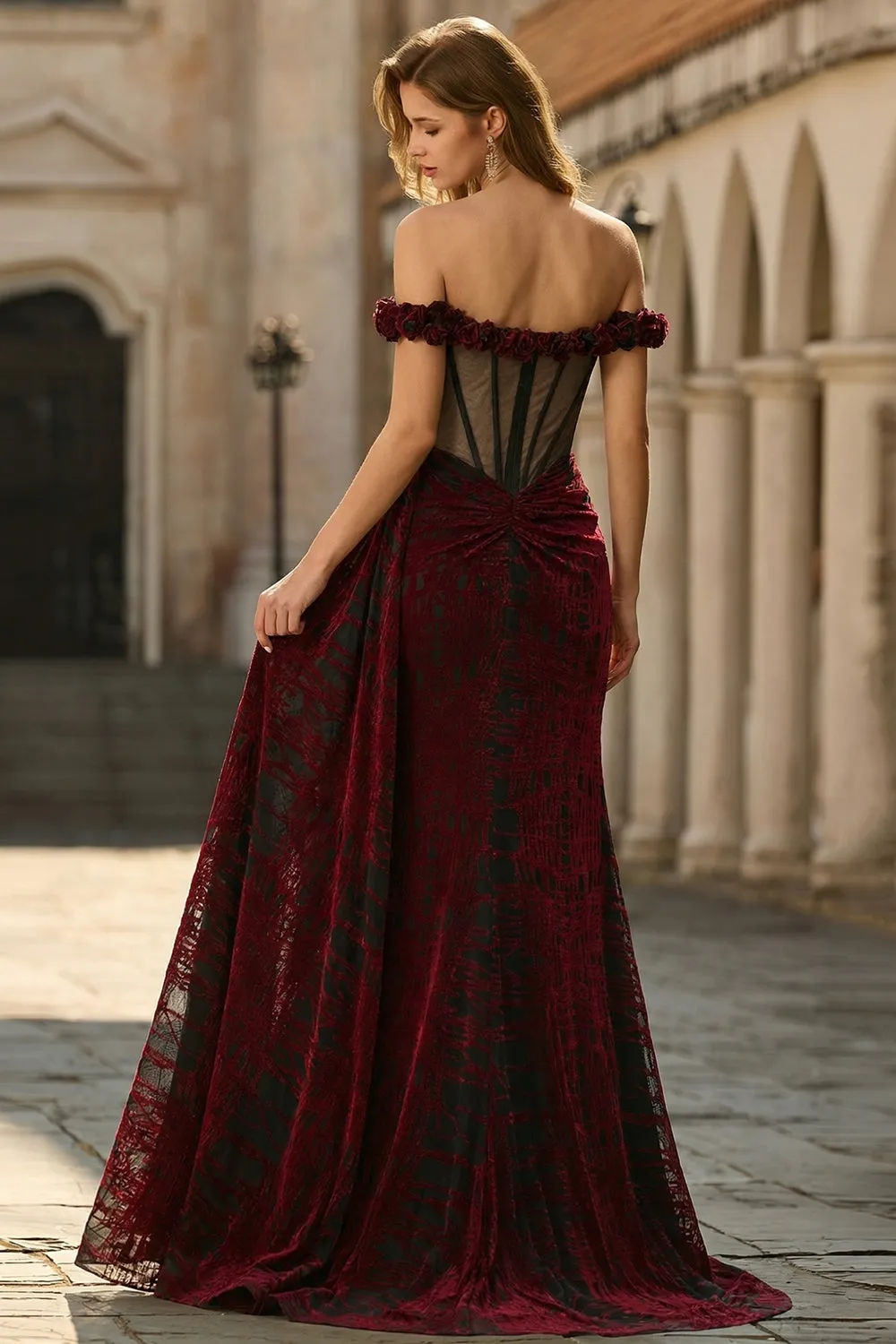 Off The Shoulder Black Red Corset Mermaid Long Prom Dress with Slit sold by Zapaka product image thumbnail 2