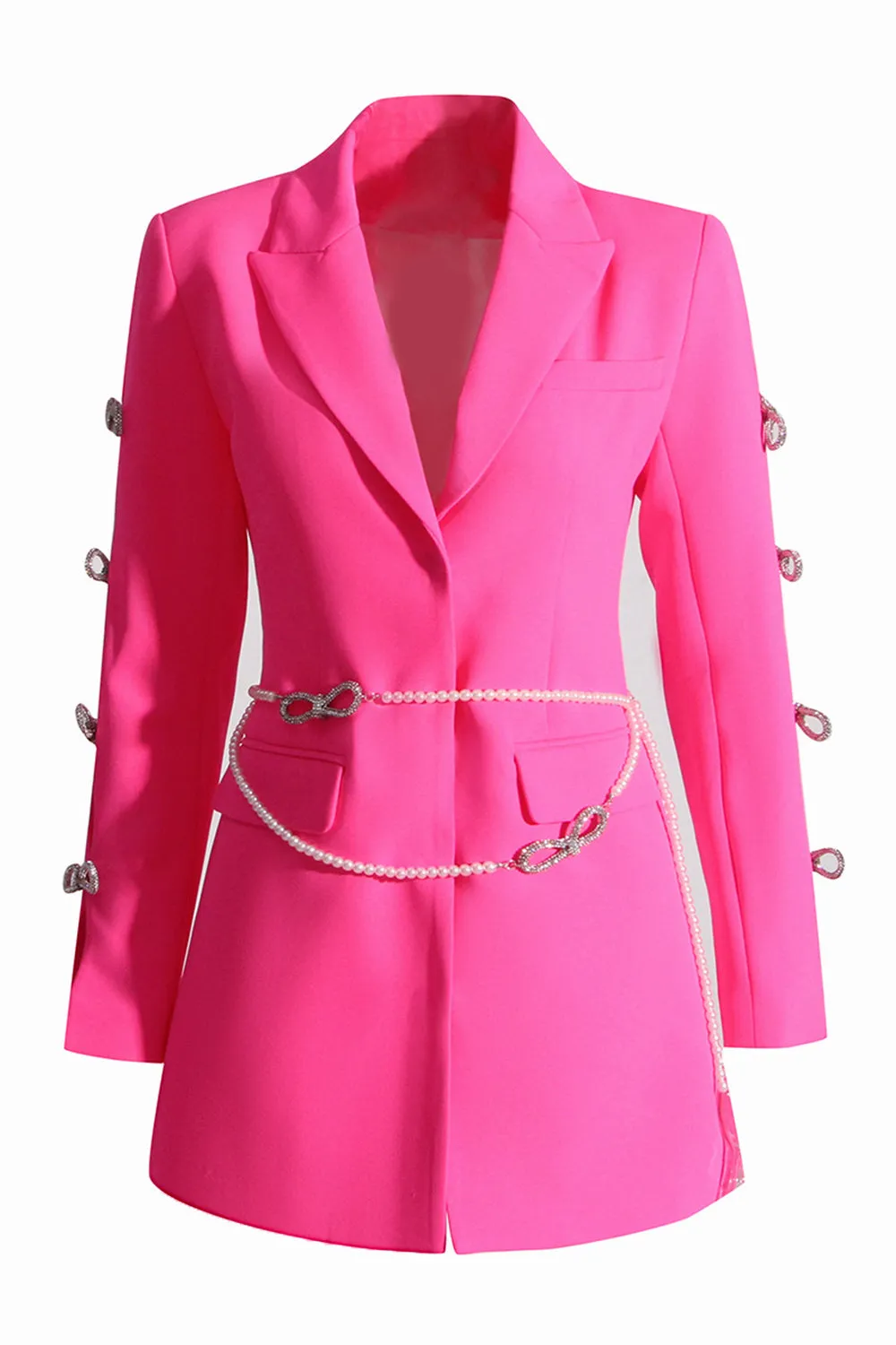 Fuchsia Peak Lapel Women Blazer with Pearl Belt sold by Zapaka