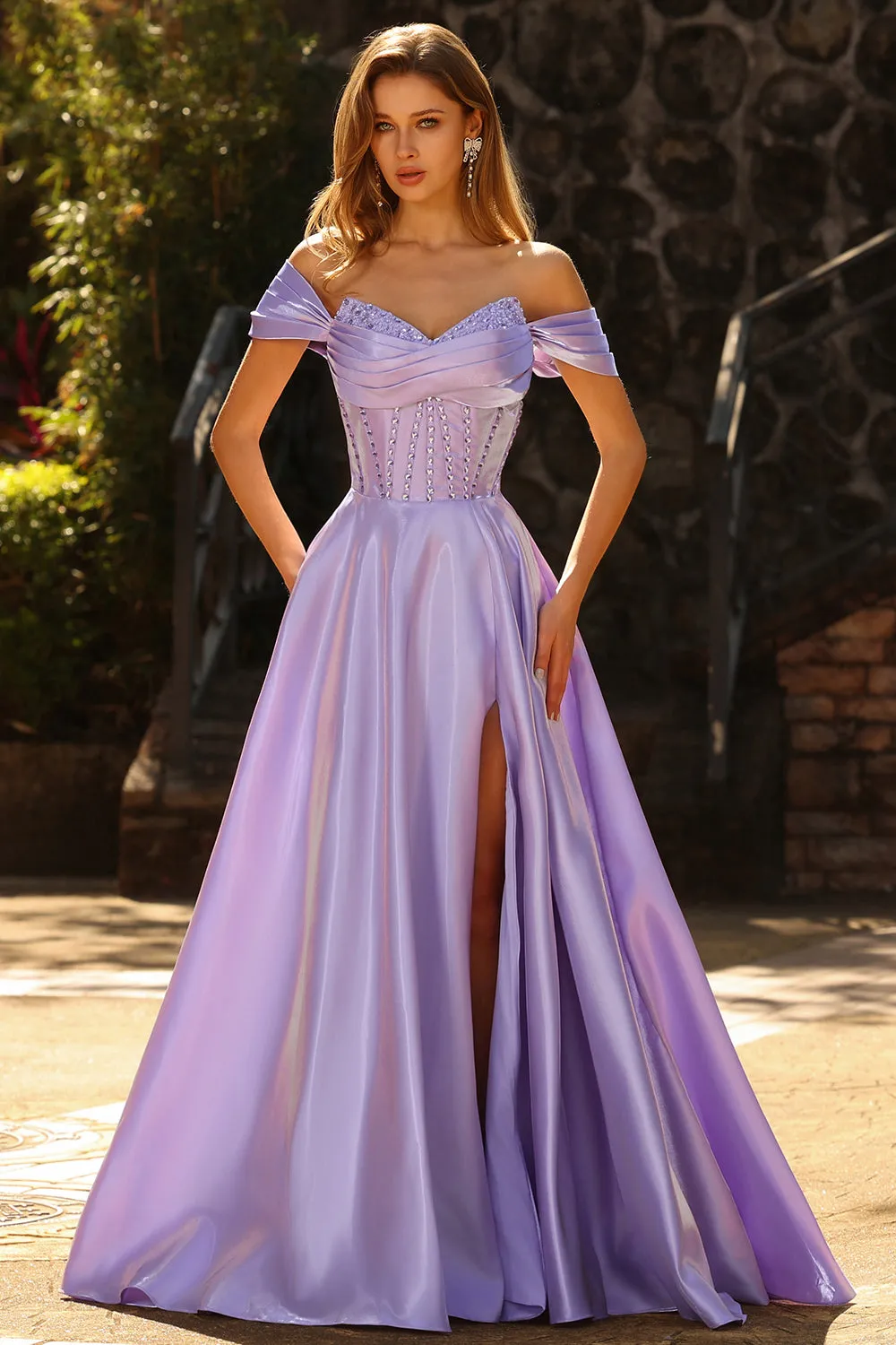 Off The Shoulder A Line Beaded Satin Purple Long Prom Dress with Slit sold by Zapaka