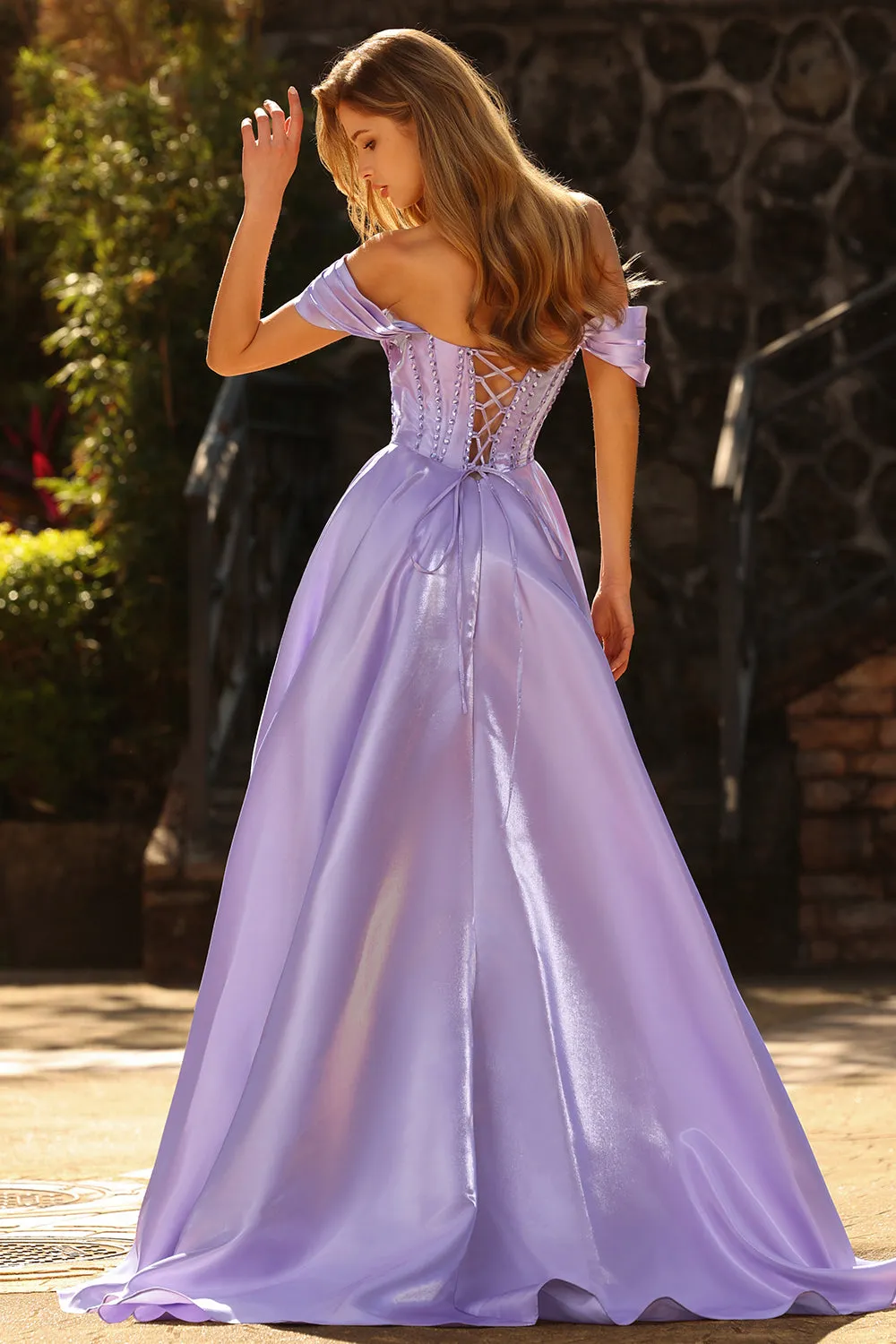 Off The Shoulder A Line Beaded Satin Purple Long Prom Dress with Slit sold by Zapaka product image thumbnail 2