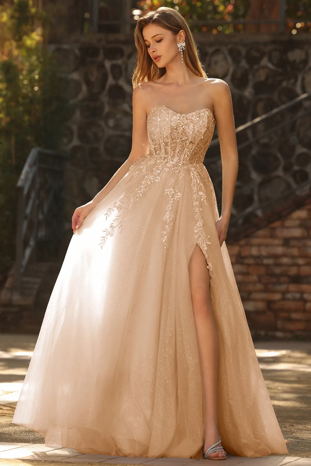 Champagne A-Line Corset Strapless Long Tulle Prom Dress with Slit sold by Zapaka product image thumbnail 3
