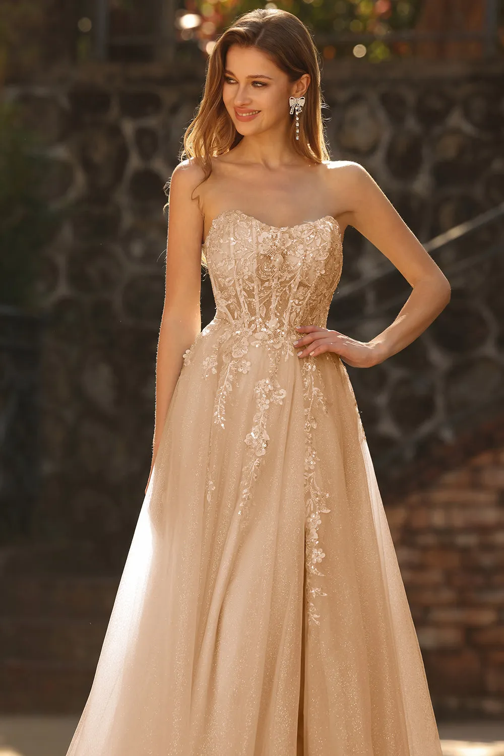 Champagne A-Line Corset Strapless Long Tulle Prom Dress with Slit sold by Zapaka product image thumbnail 5
