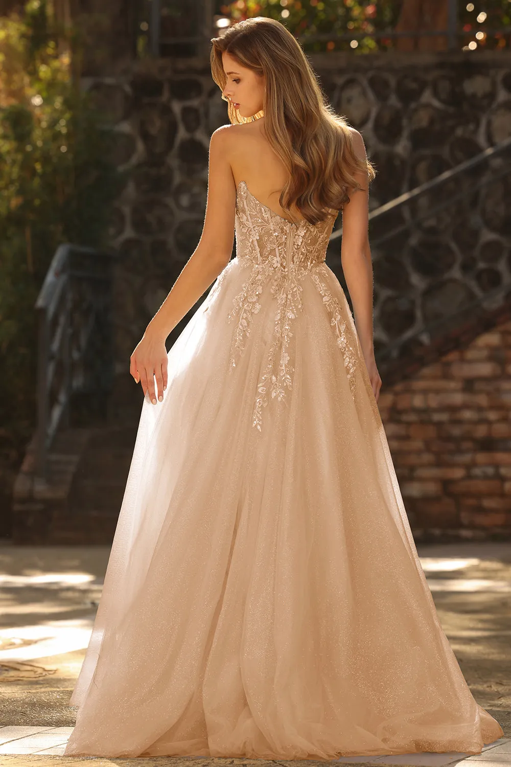 Champagne A-Line Corset Strapless Long Tulle Prom Dress with Slit sold by Zapaka product image thumbnail 2