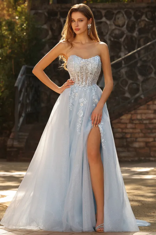 Strapless Blue A-Line Corset Long Tulle Prom Dress with Slit made by Zapaka