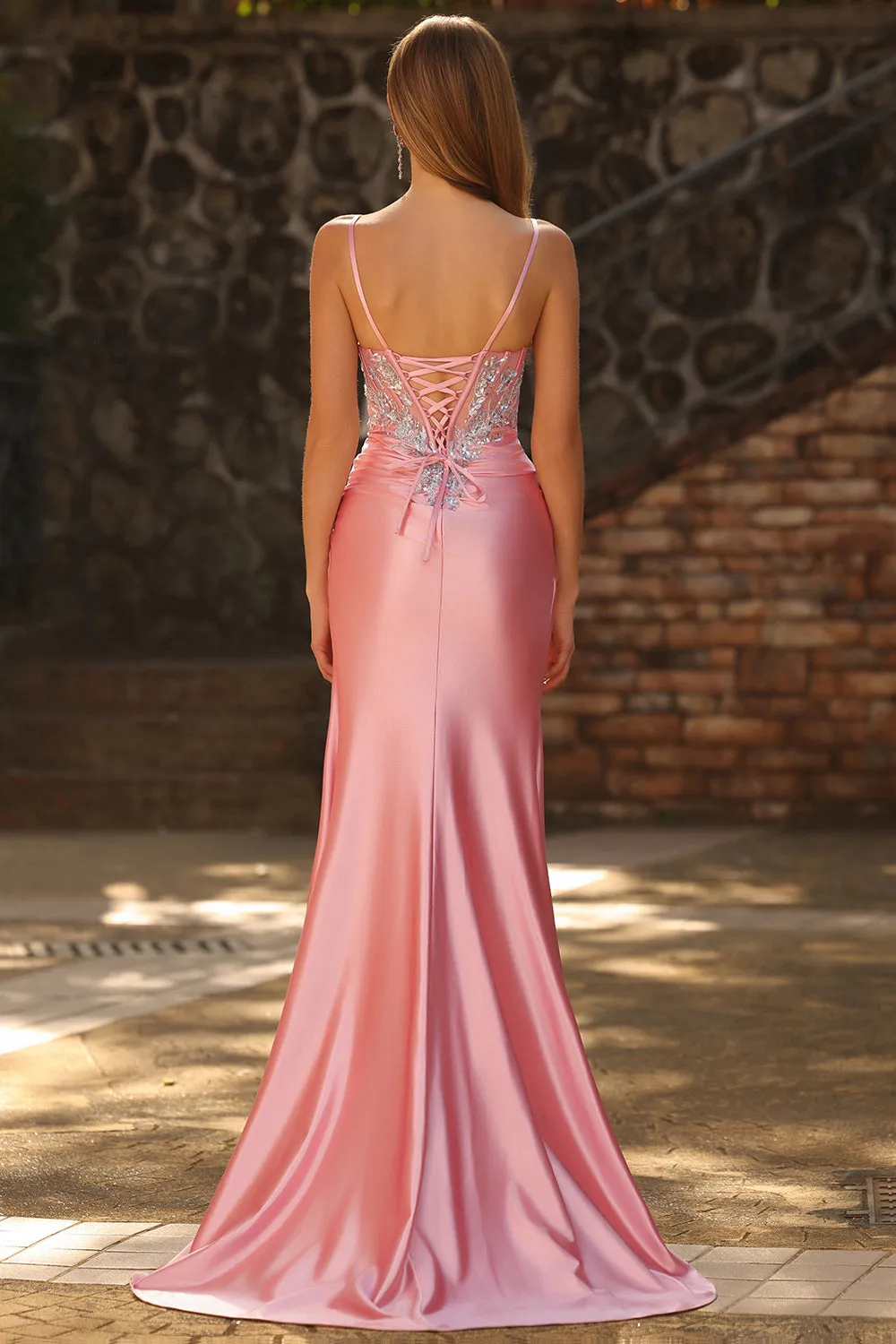 Mermaid Corset Blush Sequins Long Satin Prom Dress with Slit sold by Zapaka product image thumbnail 2