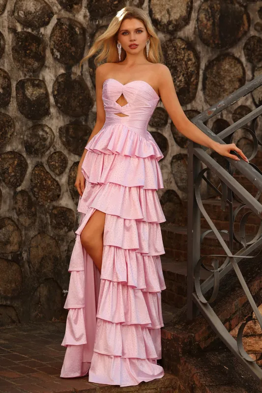 Pink Tiered Ruffle A Line Sweetheart Beaded Cut Out Long Prom Dress with Slit sold by Zapaka
