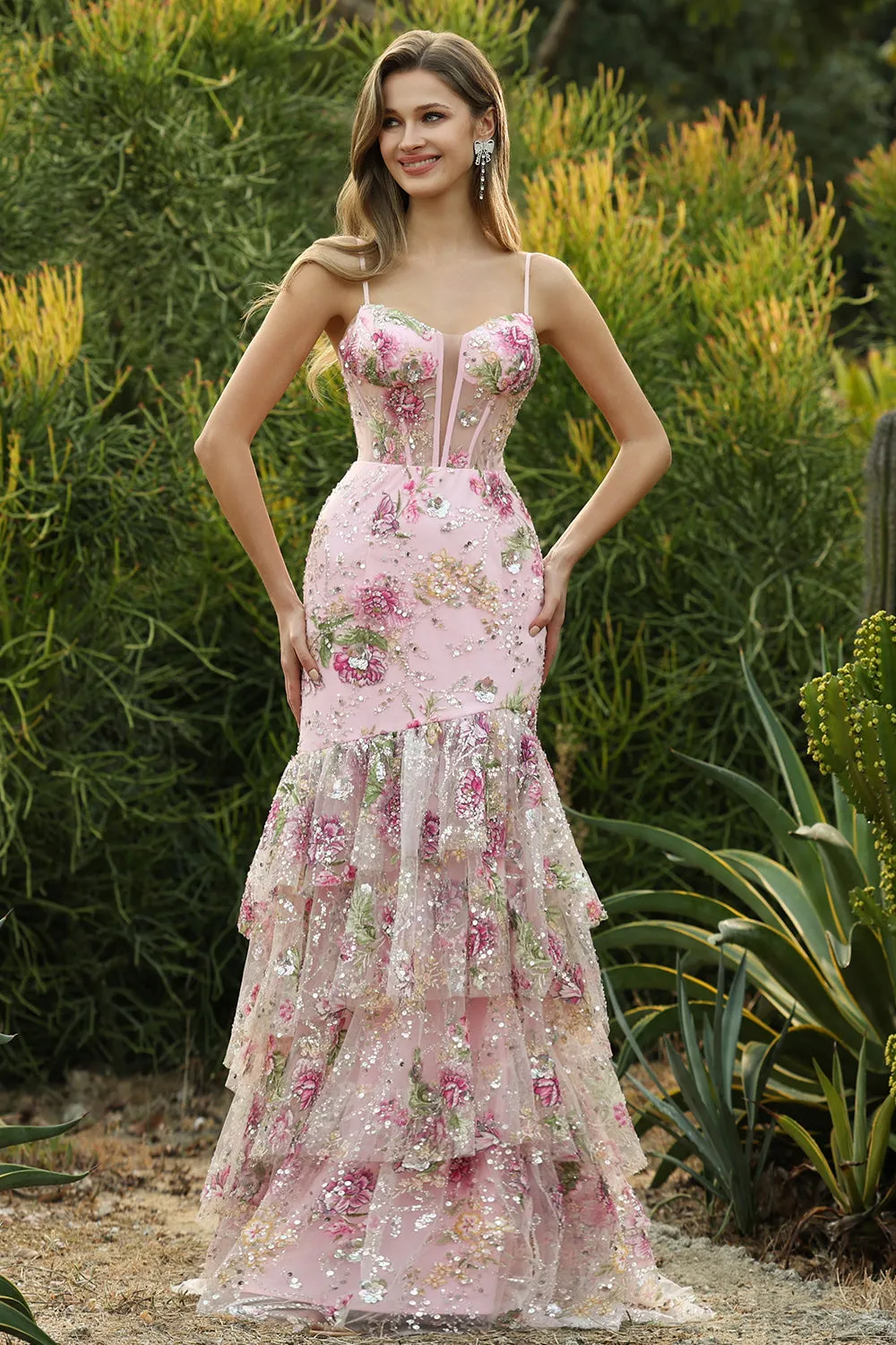 Pink Mermaid Tiered Ruffle Sequin Long Floral Prom Dress with Slit sold by Zapaka product image thumbnail 4