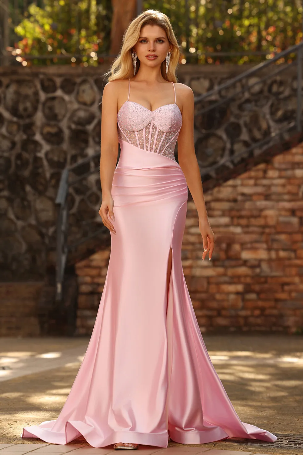 Pink Mermaid Beaded Sheer Corset Ruched Long Prom Dress with Slit sold by Zapaka product image thumbnail 5