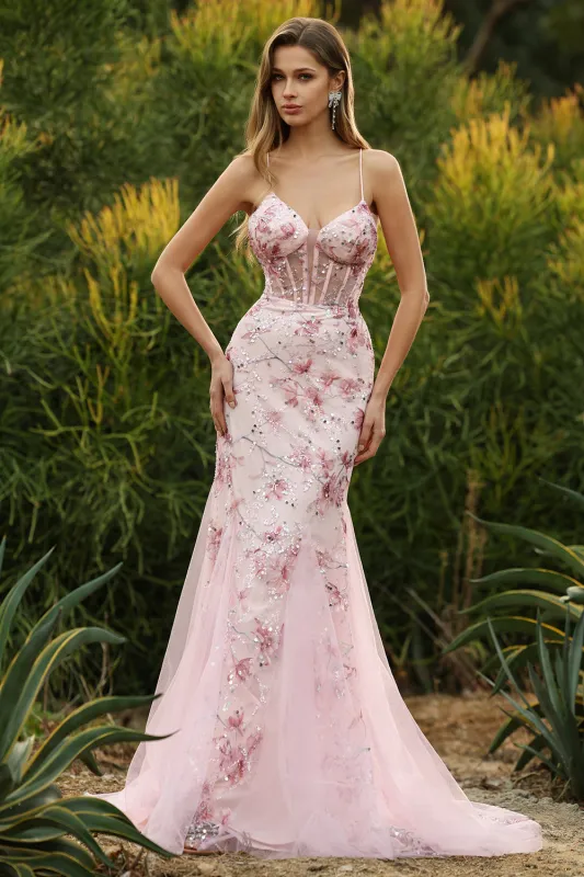 Pink Corset Floral Mermaid Lace Up Back Long Prom Dress with Sequins sold by Zapaka