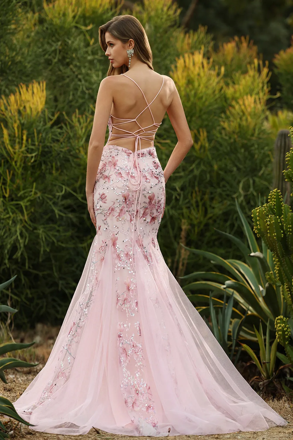 Pink Corset Floral Mermaid Lace Up Back Long Prom Dress with Sequins sold by Zapaka product image thumbnail 2