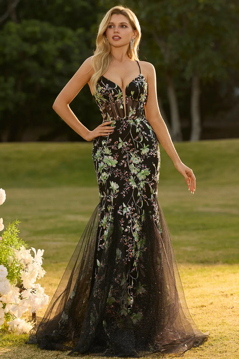 Black Mermaid Corset Sequins Floral Long Prom Dress with Lace Up Back sold by Zapaka product image thumbnail 4