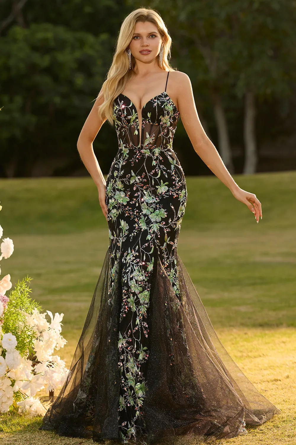 Black Mermaid Corset Sequins Floral Long Prom Dress with Lace Up Back sold by Zapaka product image thumbnail 5