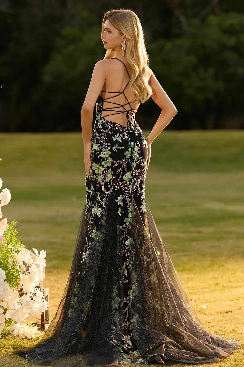 Black Mermaid Corset Sequins Floral Long Prom Dress with Lace Up Back sold by Zapaka product image thumbnail 2
