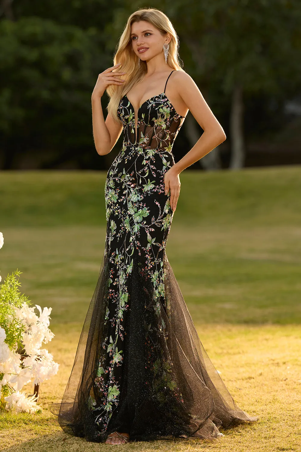 Black Mermaid Corset Sequins Floral Long Prom Dress with Lace Up Back sold by Zapaka product image thumbnail 3