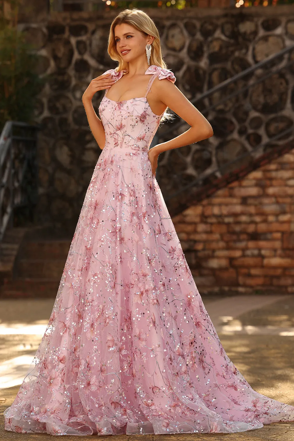 Sparkly Pink Floral A-Line Sequin Long Prom Dress with Bows sold by Zapaka product image thumbnail 3