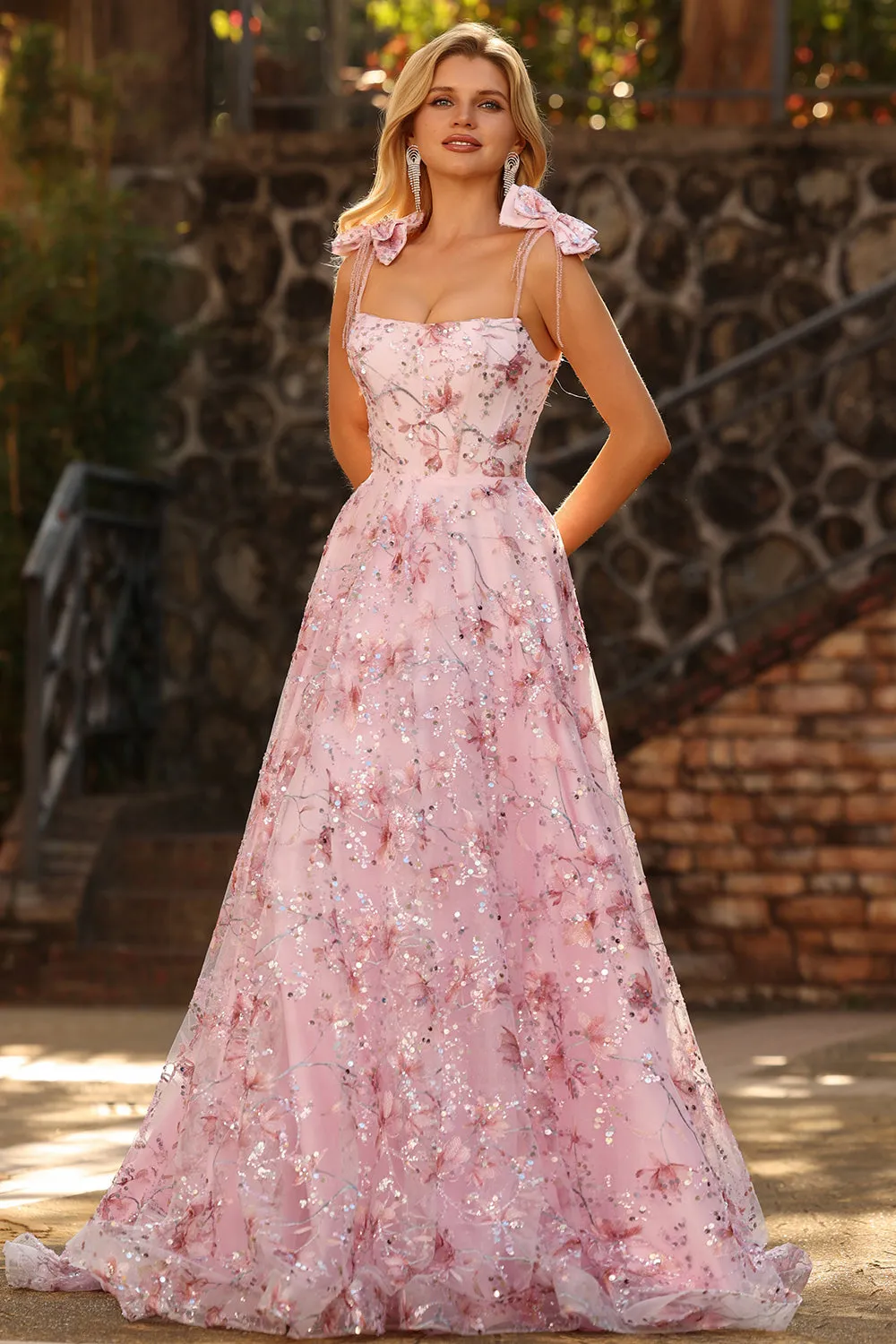 Sparkly Pink Floral A-Line Sequin Long Prom Dress with Bows sold by Zapaka product image thumbnail 4