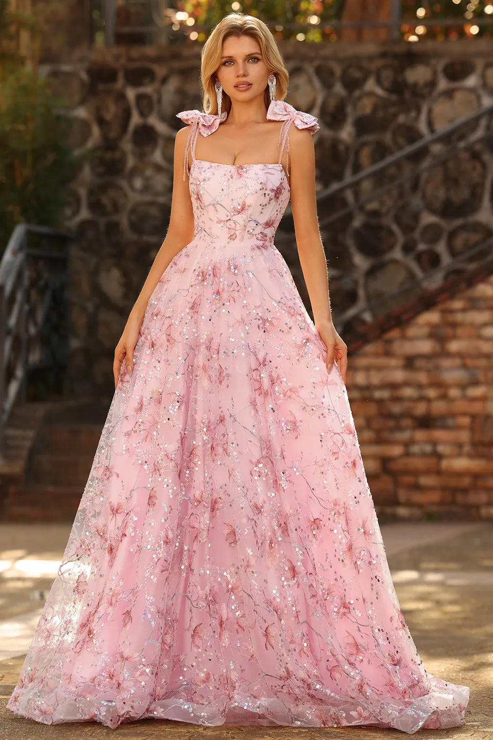 Sparkly Pink Floral A-Line Sequin Long Prom Dress with Bows sold by Zapaka