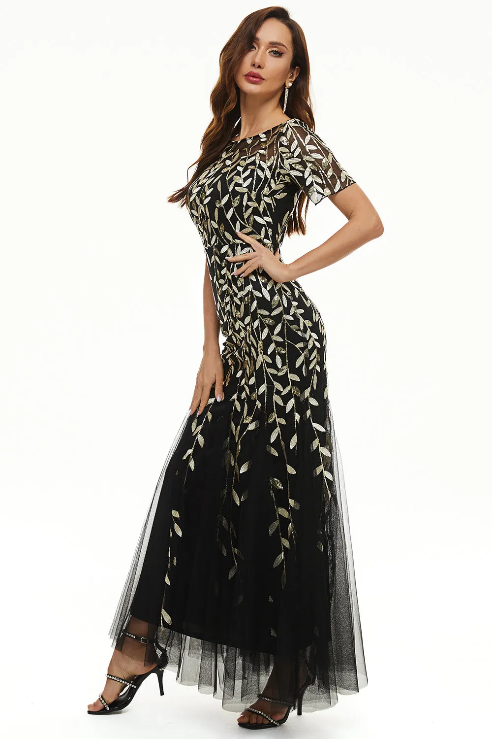 Black Golden Sheath Round Neck Long Choir Dress with Short Sleeves sold by Zapaka product image thumbnail 3