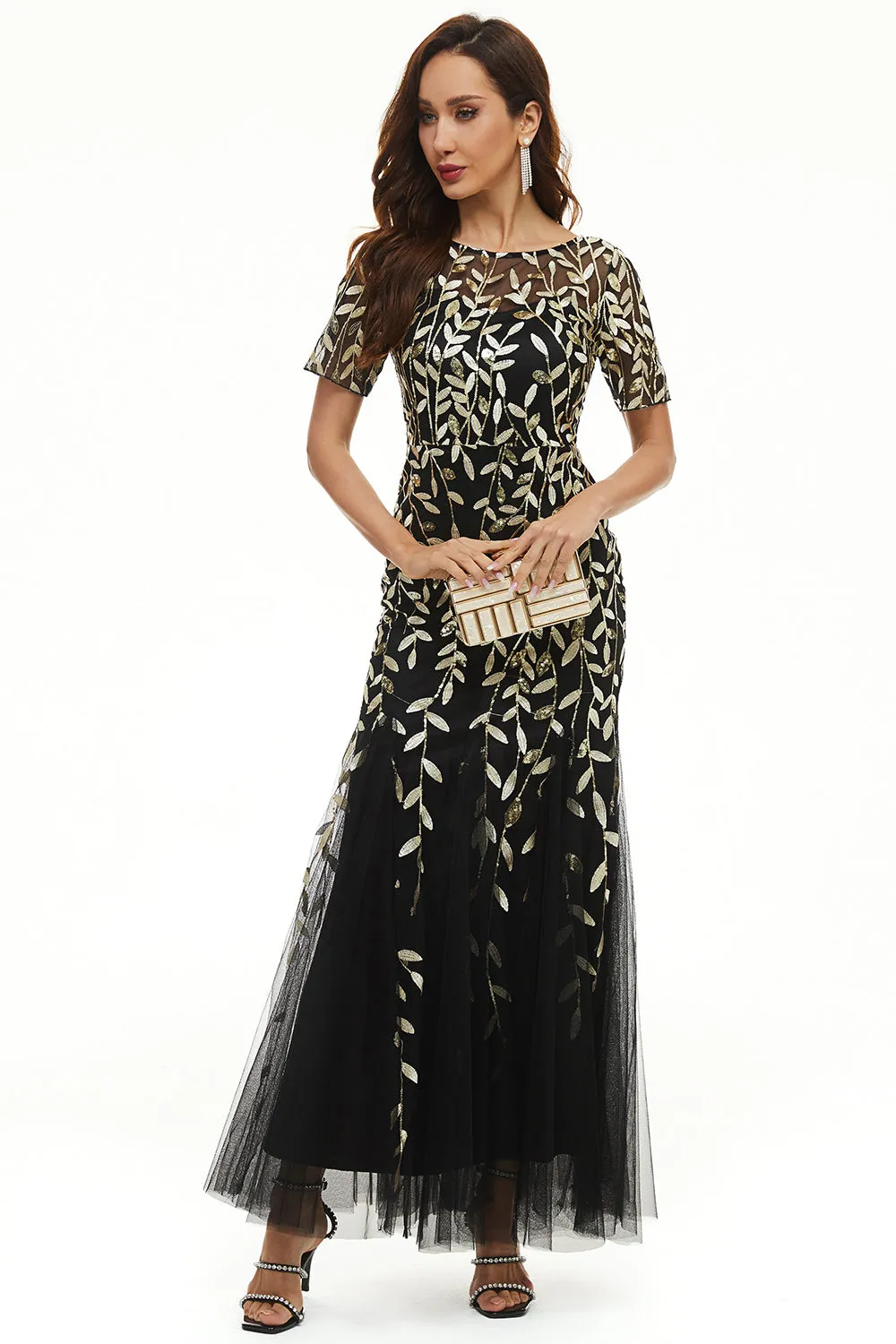 Black Golden Sheath Round Neck Long Choir Dress with Short Sleeves sold by Zapaka product image thumbnail 4
