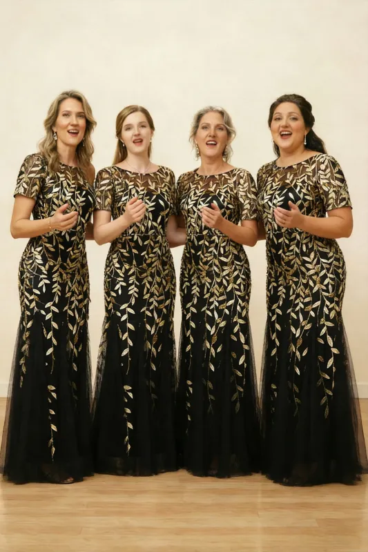 Black Golden Sheath Round Neck Long Choir Dress with Short Sleeves sold by Zapaka