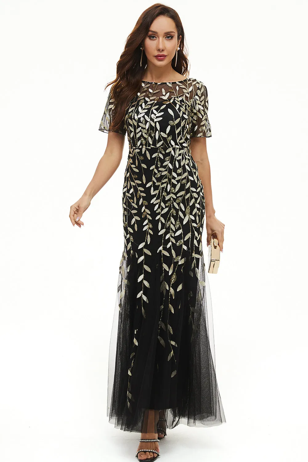 Black Golden Sheath Round Neck Long Choir Dress with Short Sleeves sold by Zapaka product image thumbnail 2