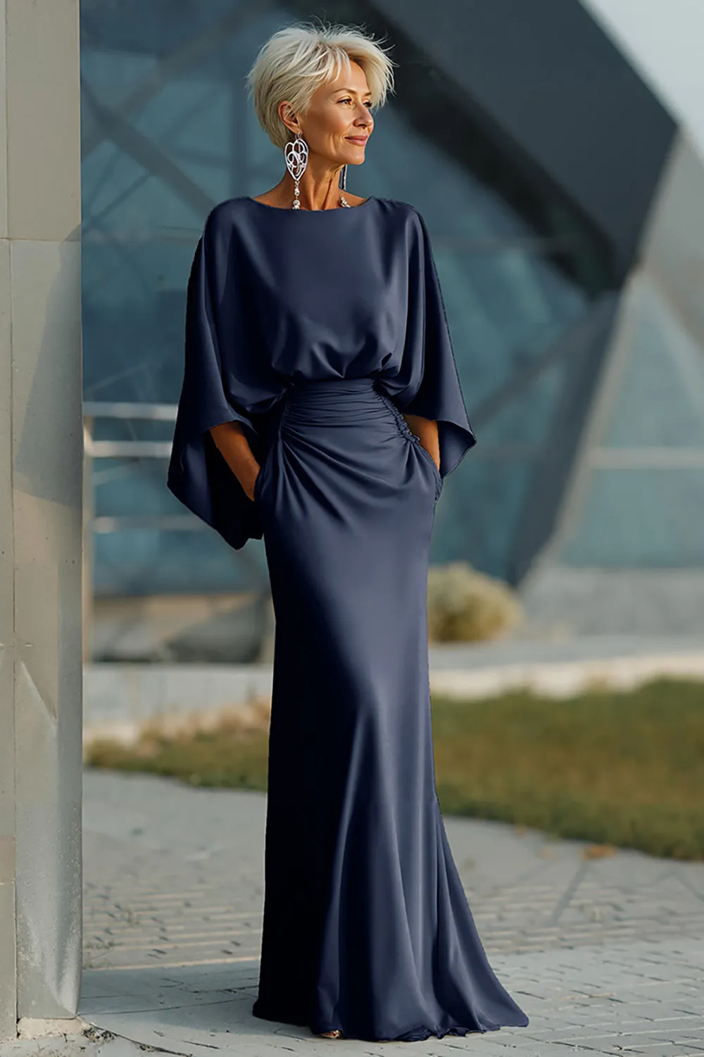 Navy Sheath 3/4 Sleeves Ruched Satin Long Choir Dress sold by Zapaka product image thumbnail 3