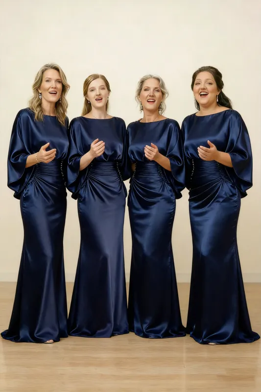 Navy Sheath 3/4 Sleeves Ruched Satin Long Choir Dress made by Zapaka