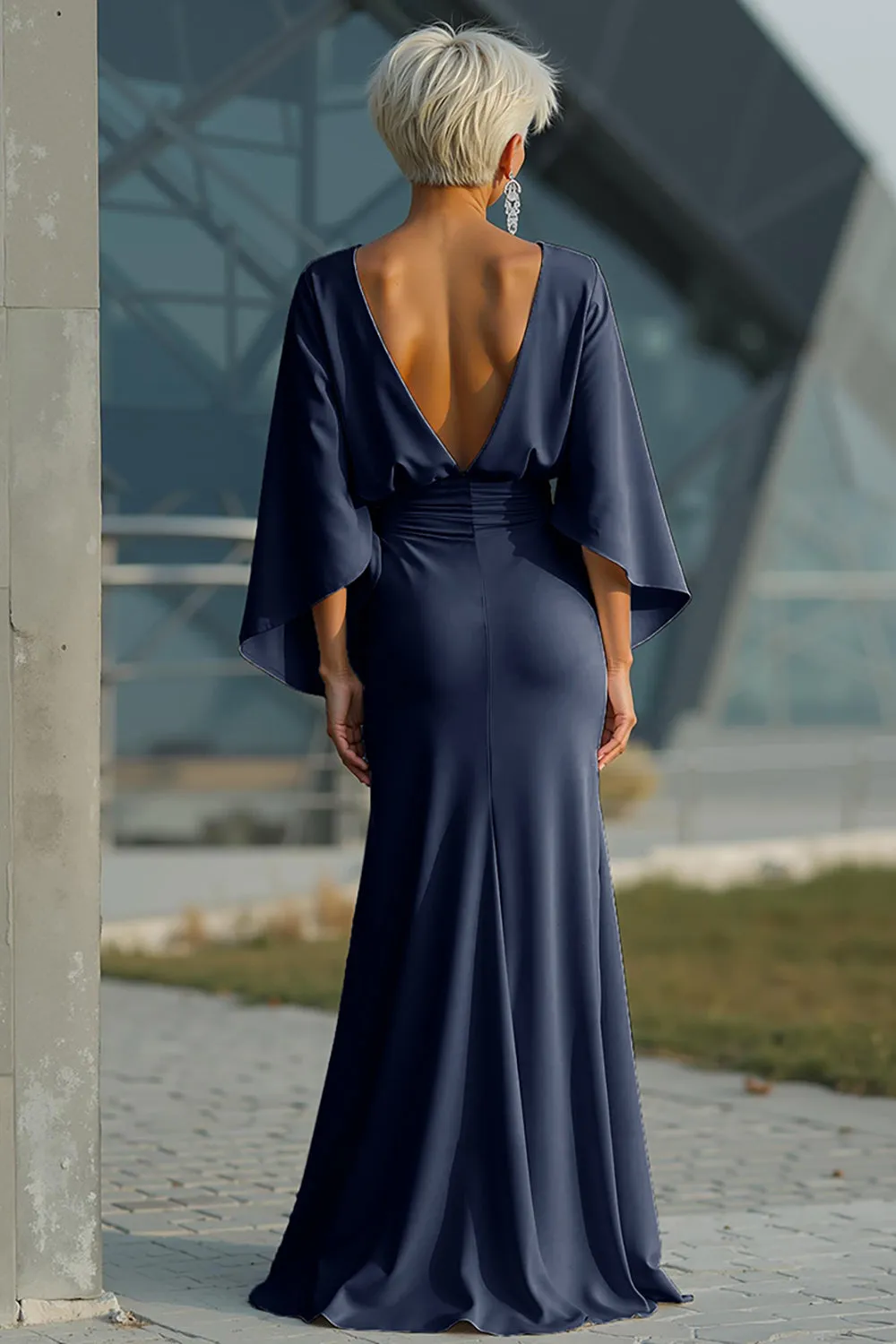 Navy Sheath 3/4 Sleeves Ruched Satin Long Choir Dress sold by Zapaka product image thumbnail 2