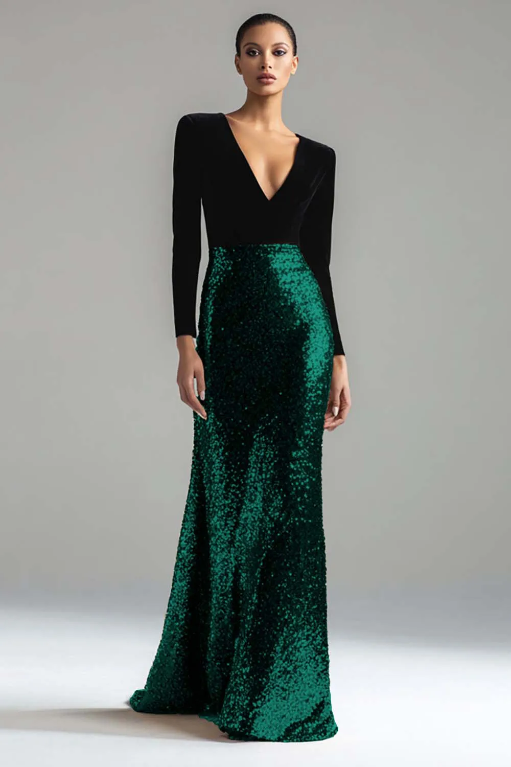 Sparkly Black and Green Mermaid V-Neck Long Choir Dress with Sequins sold by Zapaka product image thumbnail 2